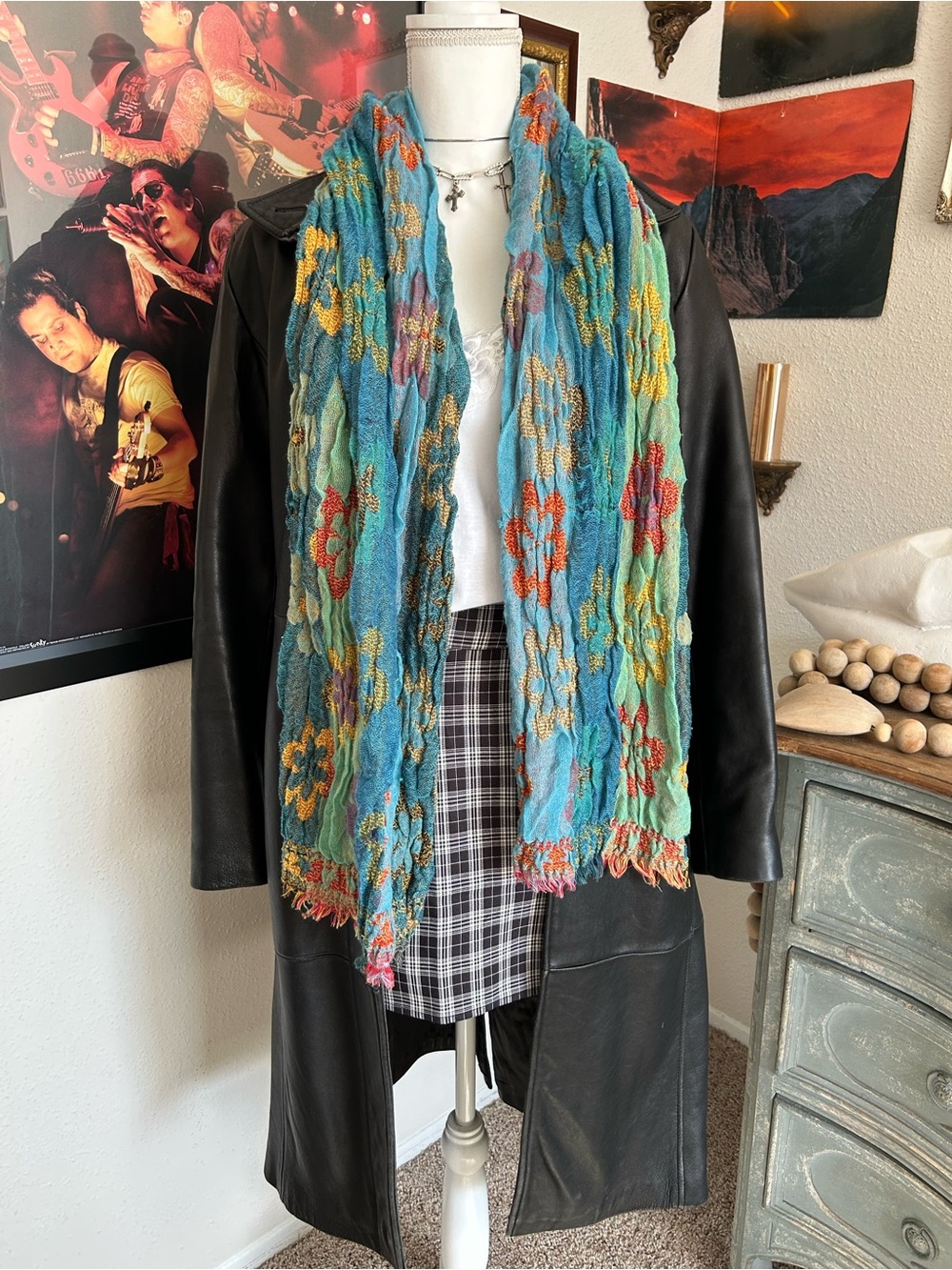Retro Colorful Scarf Rectangle Festival Boho Hippie Flowers Fringe Vibrant 70s